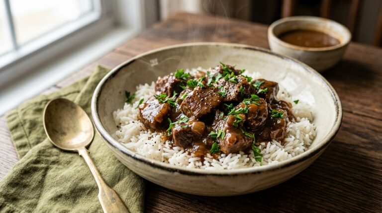 beef tips and rice recipe in a ceramic bowl