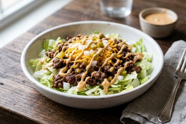 big mac bowl recipe served in a white bowl on a rustic table