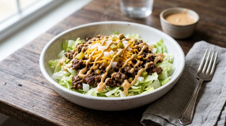 big mac bowl recipe served in a white bowl on a rustic table