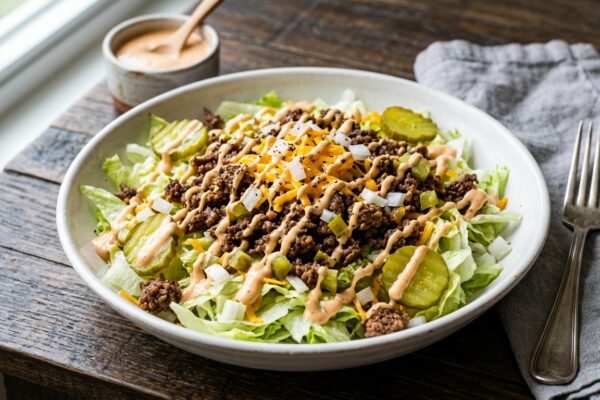 big mac salad recipe in a bowl with beef and lettuce