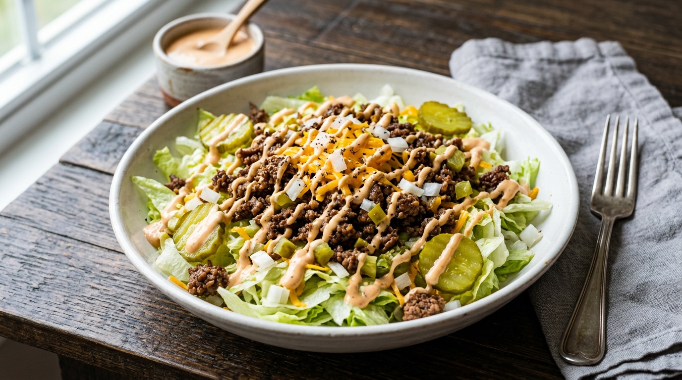 big mac salad recipe in a bowl with beef and lettuce