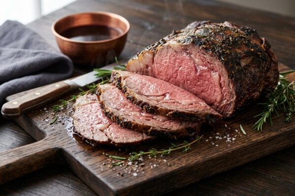 boneless prime rib recipe sliced on a wooden board