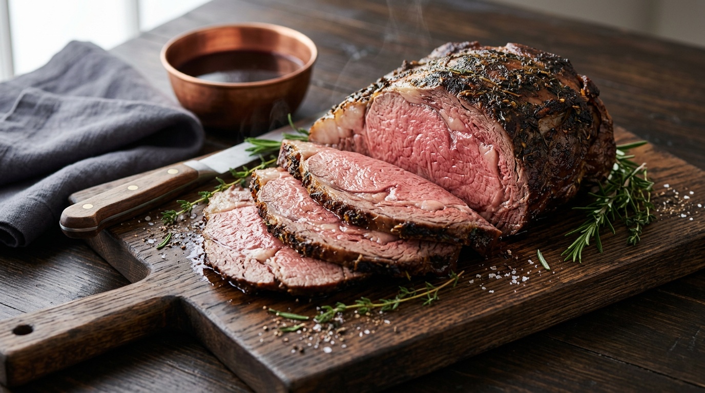 boneless prime rib recipe sliced on a wooden board