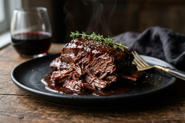 boneless short ribs recipe served on a black plate with fresh herbs.
