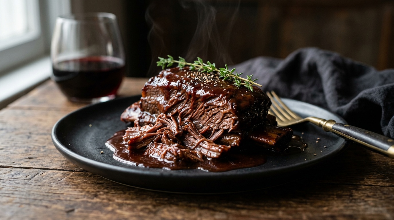 boneless short ribs recipe served on a black plate with fresh herbs.