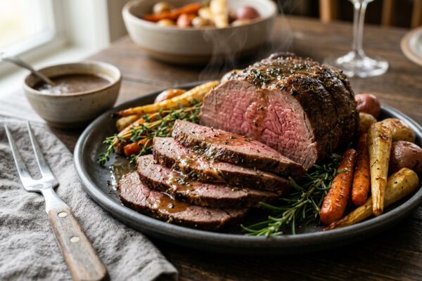 bottom round roast recipe sliced on a platter with roasted carrots