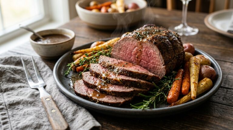 bottom round roast recipe sliced on a platter with roasted carrots