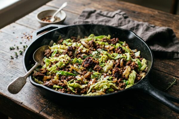 cabbage and ground beef recipe in a cast iron skillet