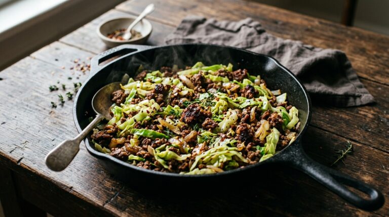 cabbage and ground beef recipe in a cast iron skillet