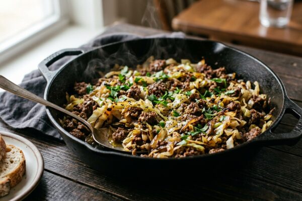 cabbage and ground beef recipes served in a cast iron skillet