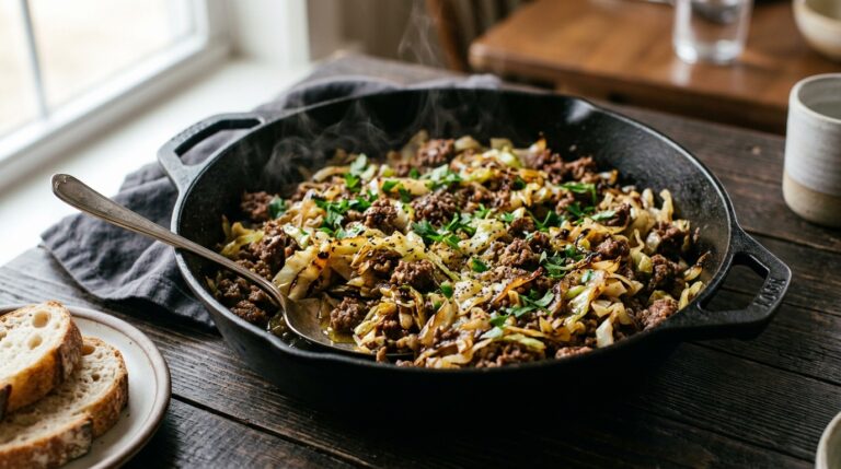 cabbage and ground beef recipes served in a cast iron skillet
