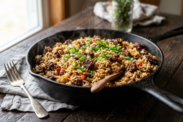 chop meat and rice recipes in a cast iron skillet with green onions