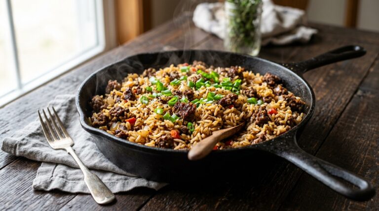 chop meat and rice recipes in a cast iron skillet with green onions
