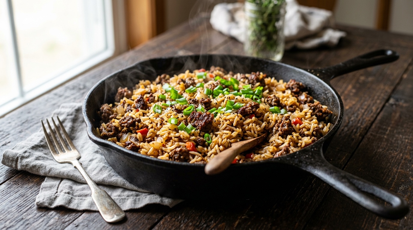 chop meat and rice recipes in a cast iron skillet with green onions