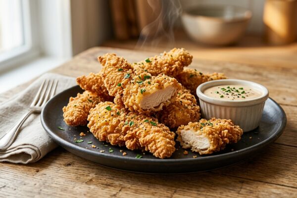 air fryer chicken tenders recipe served on a dark plate