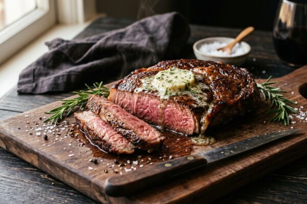 chuck rib eye steak recipes showing a medium-rare sliced steak