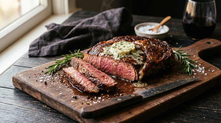 chuck rib eye steak recipes showing a medium-rare sliced steak