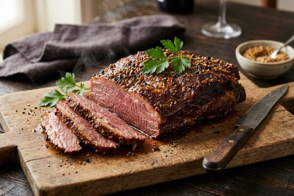 corned beef recipes oven baked, sliced on a wooden board with spices.