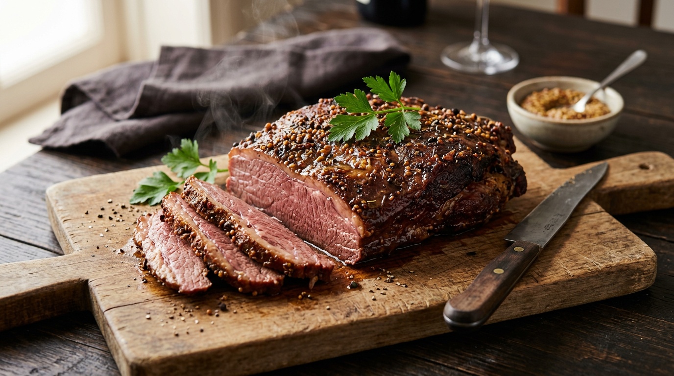 corned beef recipes oven baked, sliced on a wooden board with spices.