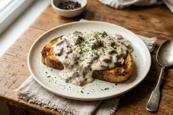 creamed chipped beef recipe served over golden toasted sourdough bread