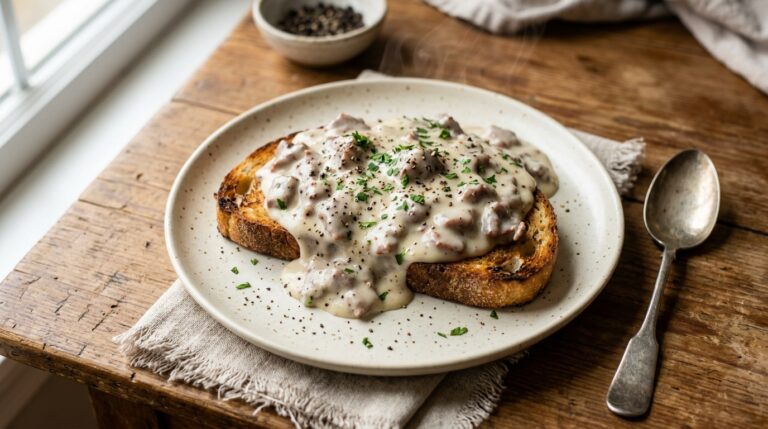creamed chipped beef recipe served over golden toasted sourdough bread