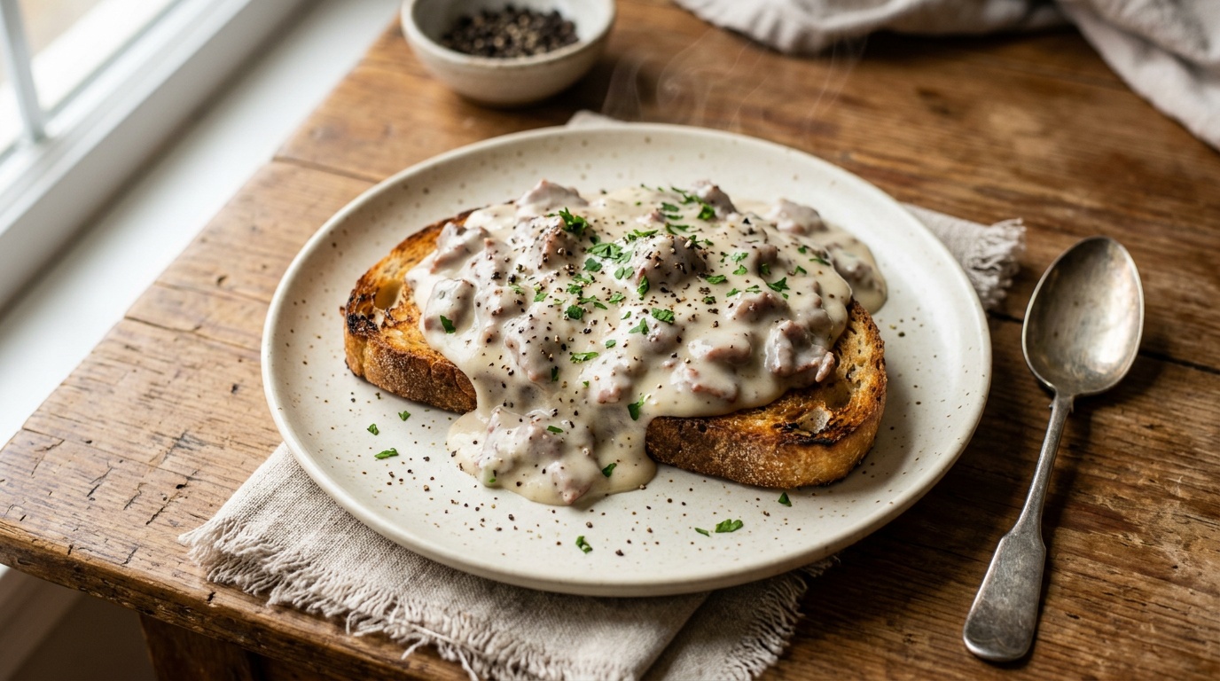 creamed chipped beef recipe served over golden toasted sourdough bread