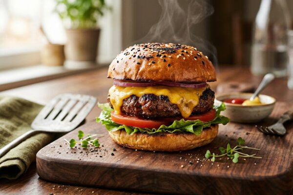 air fryer hamburger recipes juicy cheeseburger on wooden board