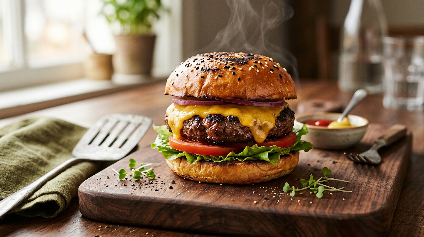 air fryer hamburger recipes juicy cheeseburger on wooden board
