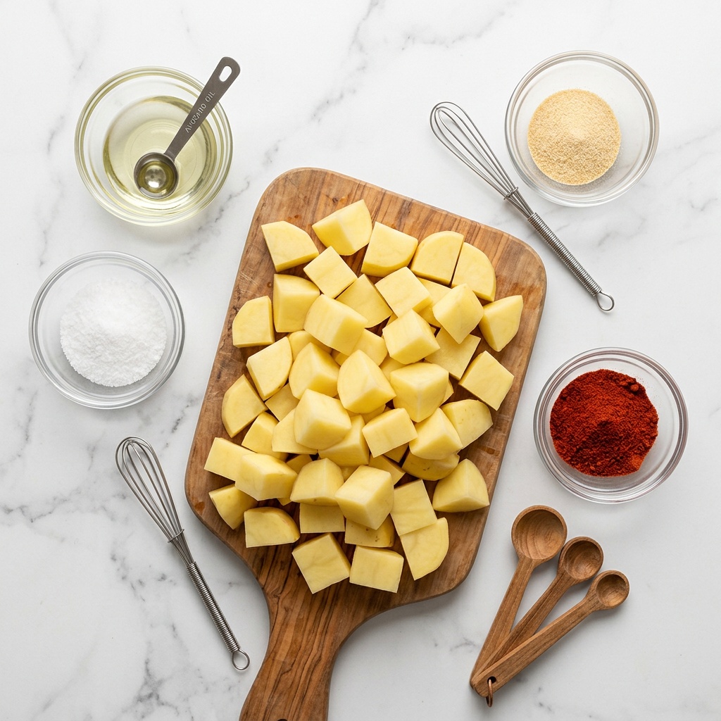air fryer potatoes recipes ingredients flat lay on marble