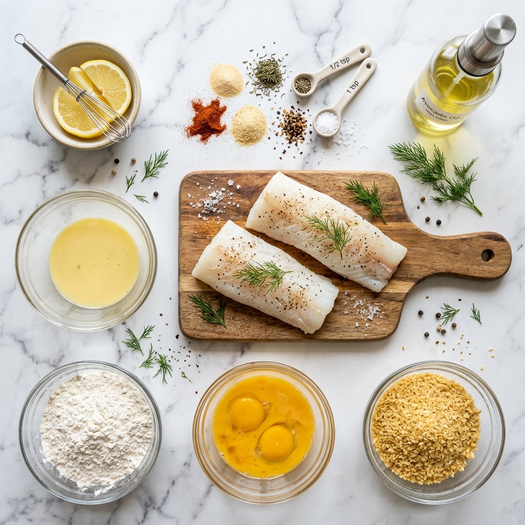 air fryer recipes fried fish ingredient flat lay
