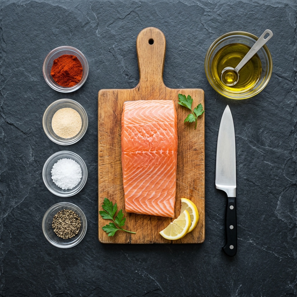 air fryer salmon bites recipe ingredients flat lay