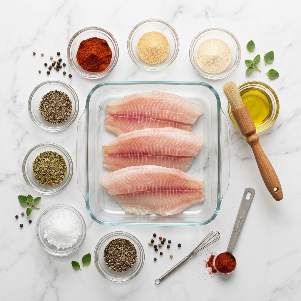 air fryer tilapia recipe ingredients flat lay on marble