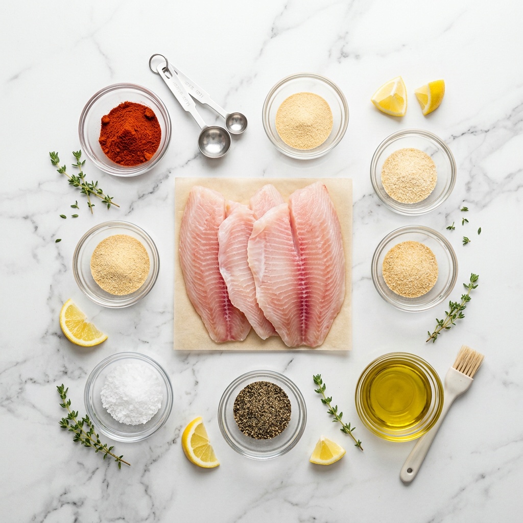 ingredients for air fryer tilapia recipes including spices and fish