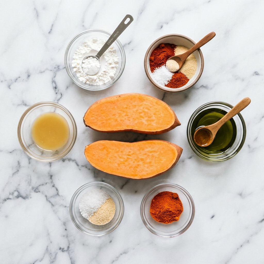 ingredients for sweet potato fries recipe airfryer flat lay
