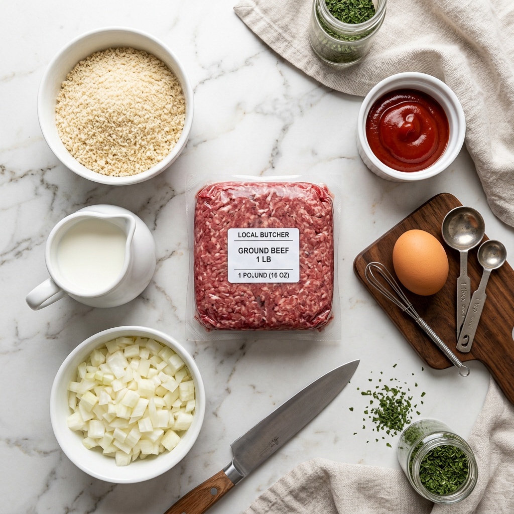 1 lb meatloaf recipe ingredients laid out on marble