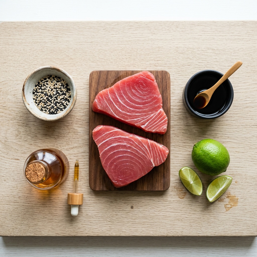 ahi tuna steak recipes — ingredients arranged for preparation.