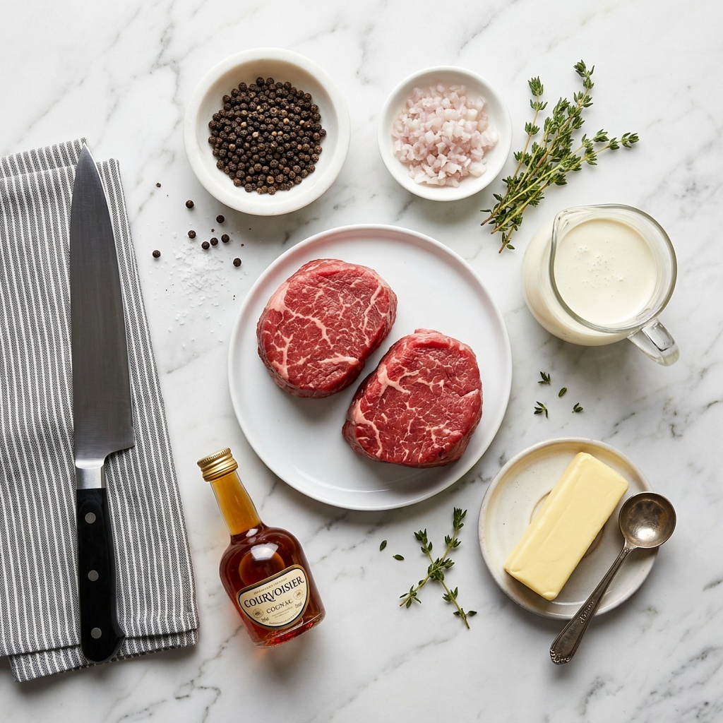ingredients for au poivre steak recipe flat lay