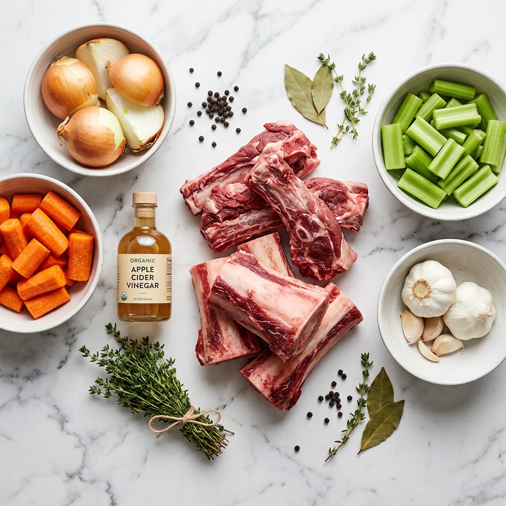 ingredients for beef bone broth recipe flat-lay