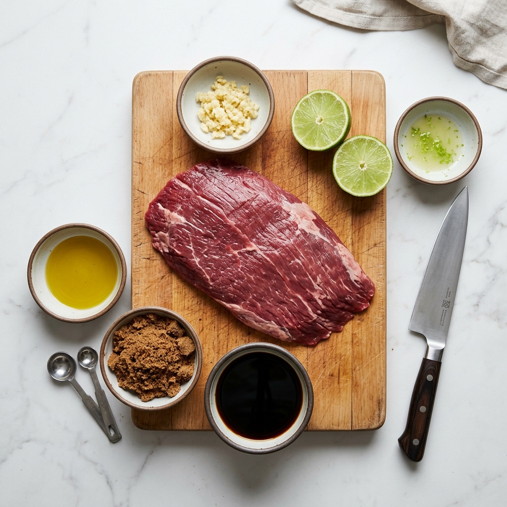 beef flank steak recipes — raw ingredients for marinade and steak