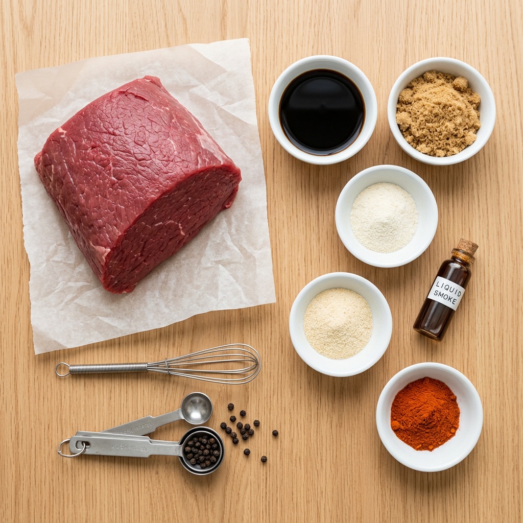 ingredients for beef jerky in dehydrator recipes flat-lay