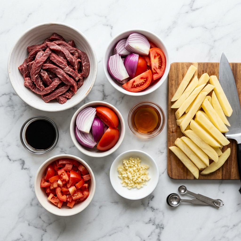 beef lomo saltado recipe ingredients flat-lay on marble