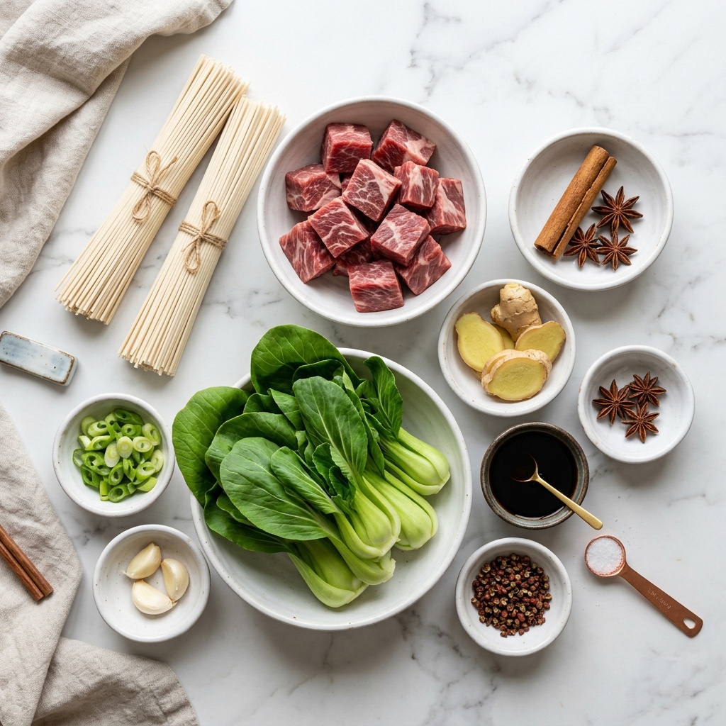 beef noodle soup recipe ingredients flat lay with raw beef and spices