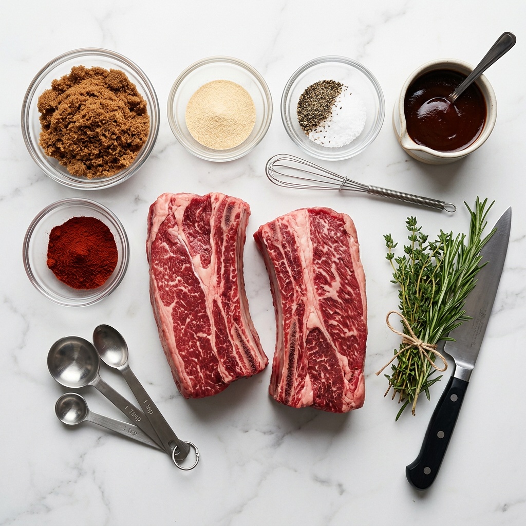 beef ribs recipe oven ingredients flat lay with raw ribs