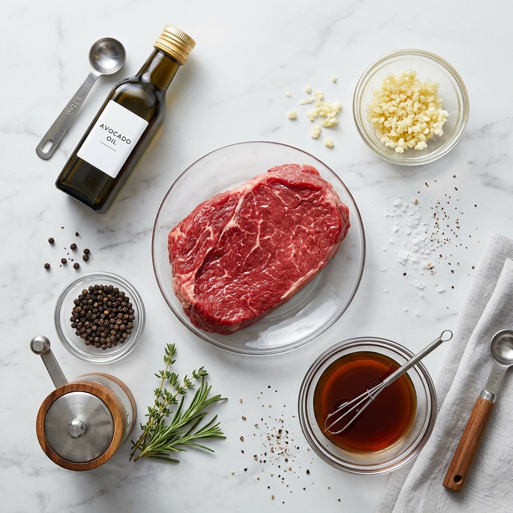 beef sirloin tip steak recipes — flat lay of raw ingredients