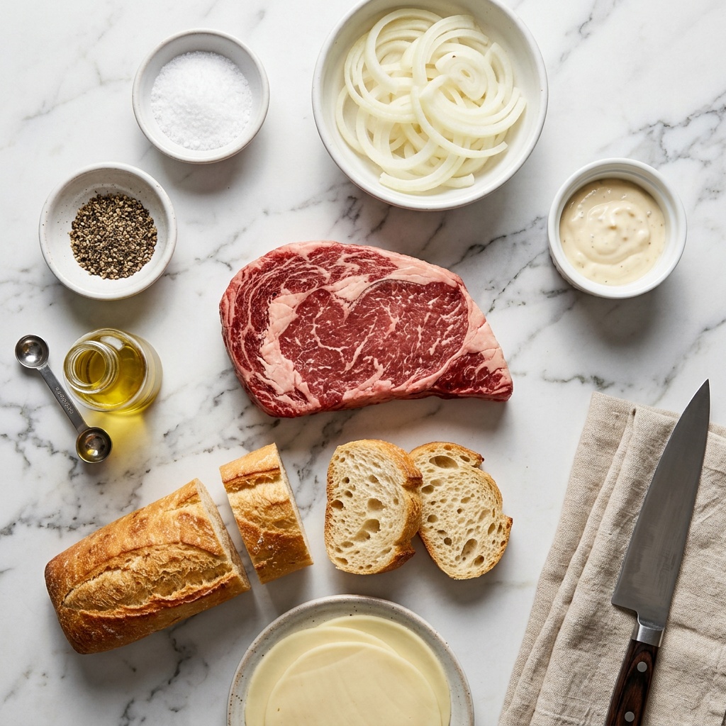 ingredients for beef steak sandwich recipe including ribeye and onions