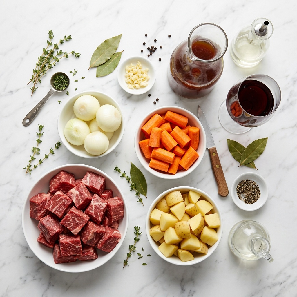 beef stew recipe dutch oven ingredients flat lay