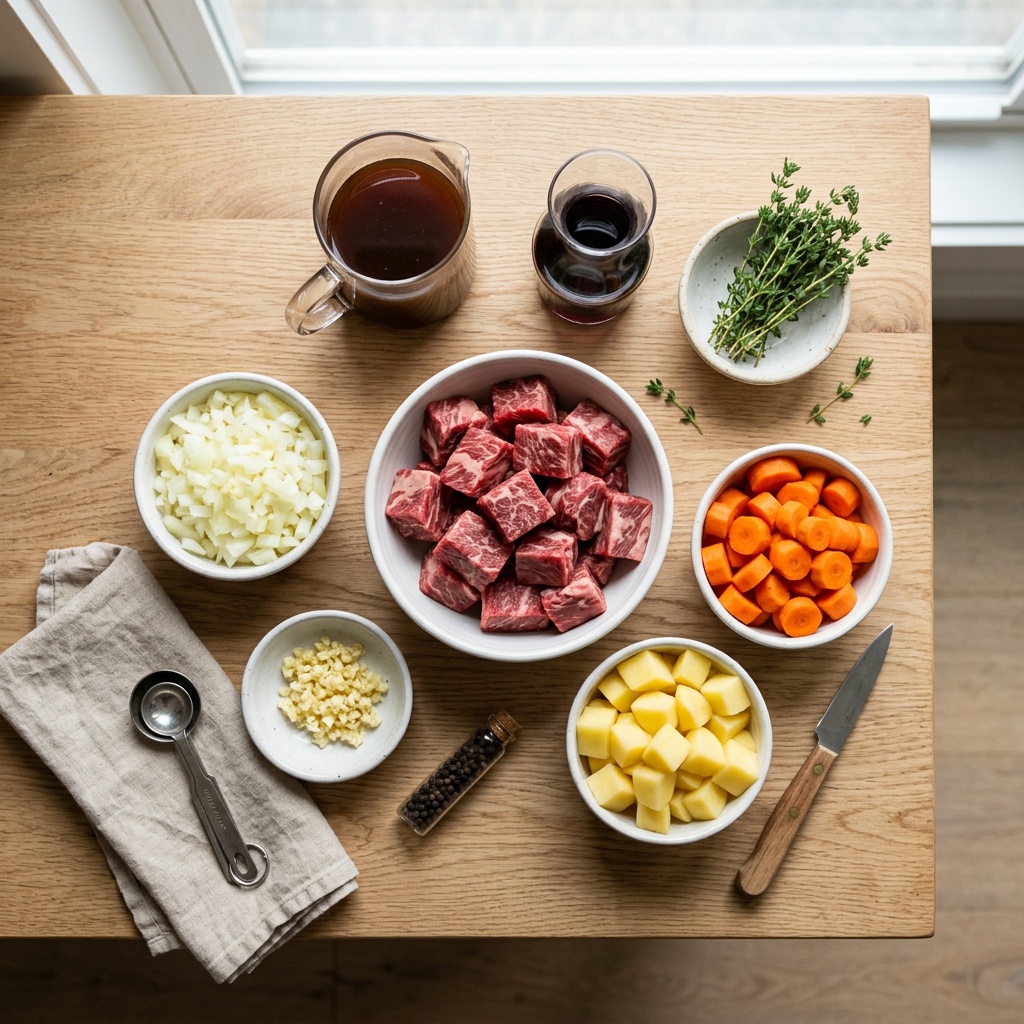 ingredients for beef stew recipe stove top flat-lay