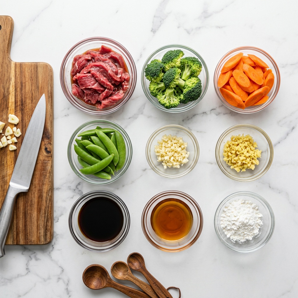 ingredients for beef stir fry recipes on a marble board