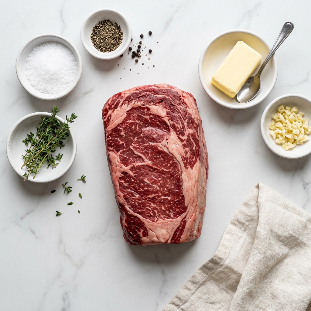 beef striploin roast recipe ingredients flat lay on marble