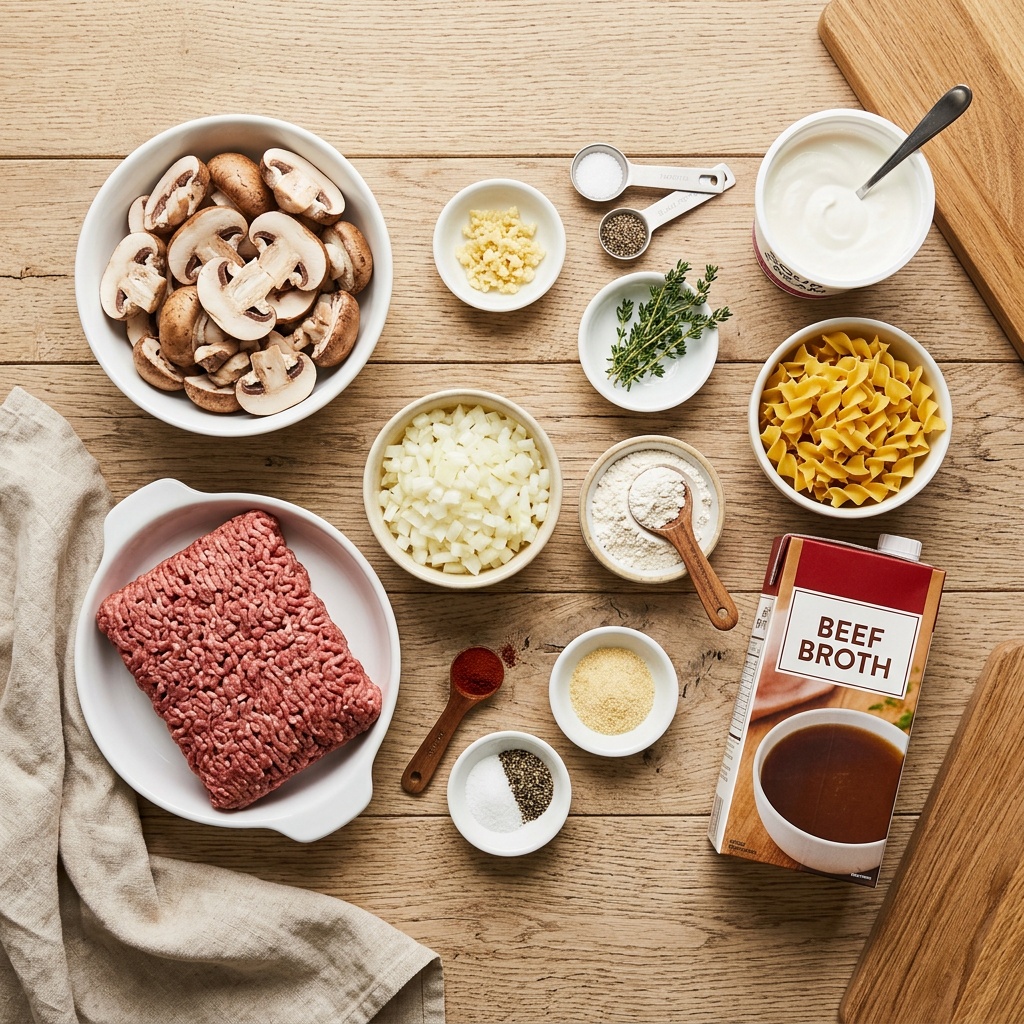 beef stroganoff recipe with ground beef ingredients flat lay